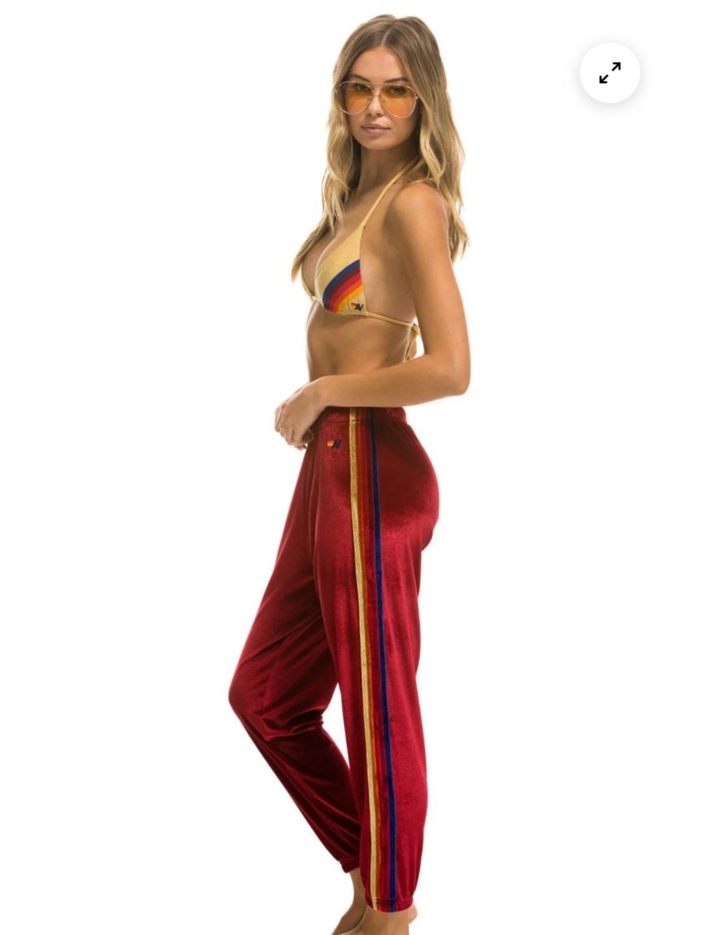 Aviator Nation Red Velvet Track Pants with Rainbow Side Stripes